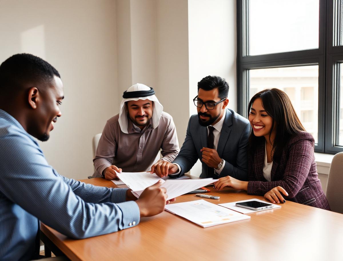 Executive team reviewing strategy documents in a modern office